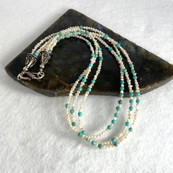 Sterling Silver 925 Beaded Keshi Pearl & Turquoise Triple Strand Necklace 19" - Picture 1 of 16